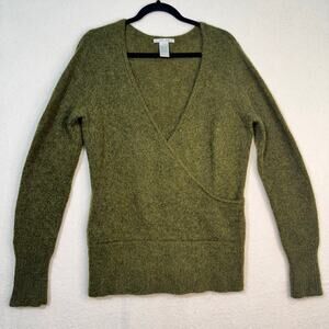 Jillian Jones Kid Mohair Wool Green Fine Knit Surplice Sweater Large Ribbed Trim